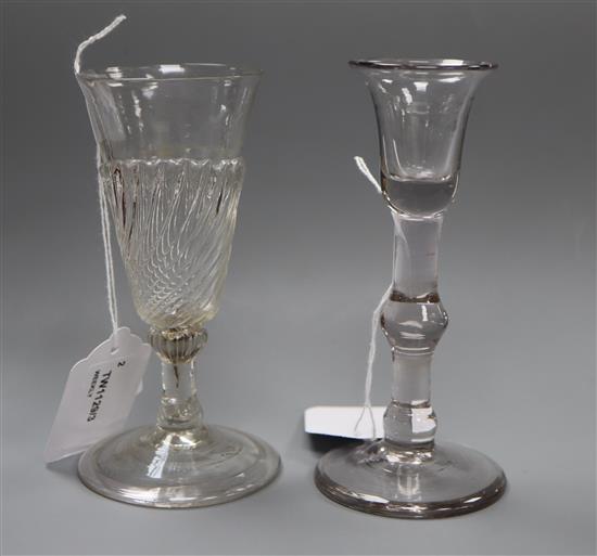 A Georgian flammiform wrythen-moulded ale glass on shallow conical folded foot and a cordial glass tallest 15cm (2)